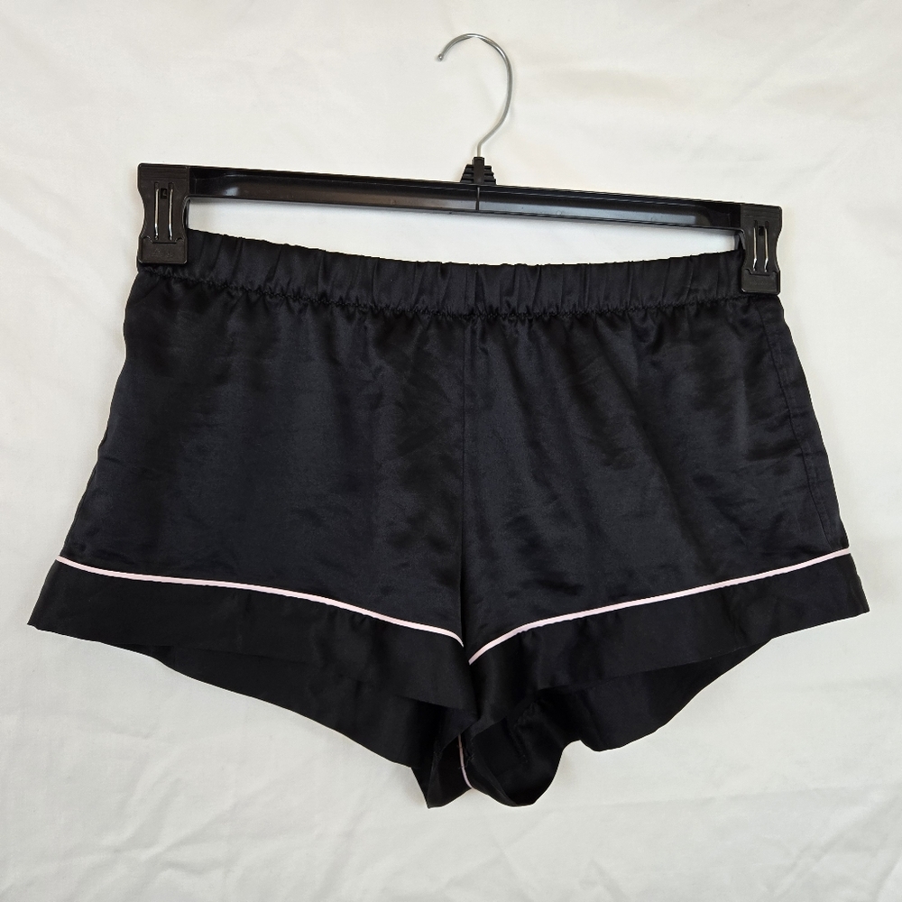 Victoria's Secret Black Satin Pink Piping Elasticized Waist Pajama Shorts Medium